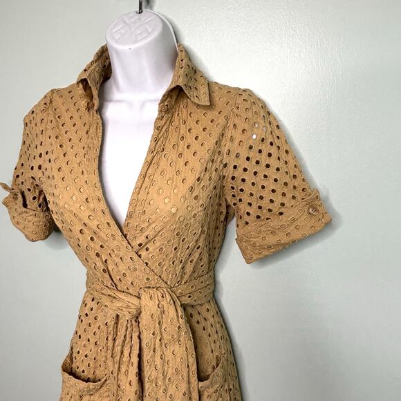 Diane Von Furstenburg Taffy Tan Eyelet Lace Wrap Cotton Belted Midi Dress 6 - Picture 6 of 11